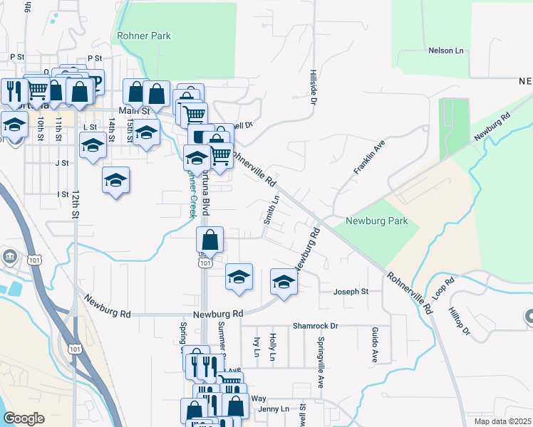 map of restaurants, bars, coffee shops, grocery stores, and more near 3032-3086 Smith Lane in Fortuna