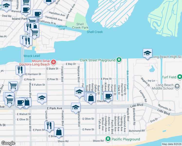map of restaurants, bars, coffee shops, grocery stores, and more near 61 Dalton Street in Long Beach