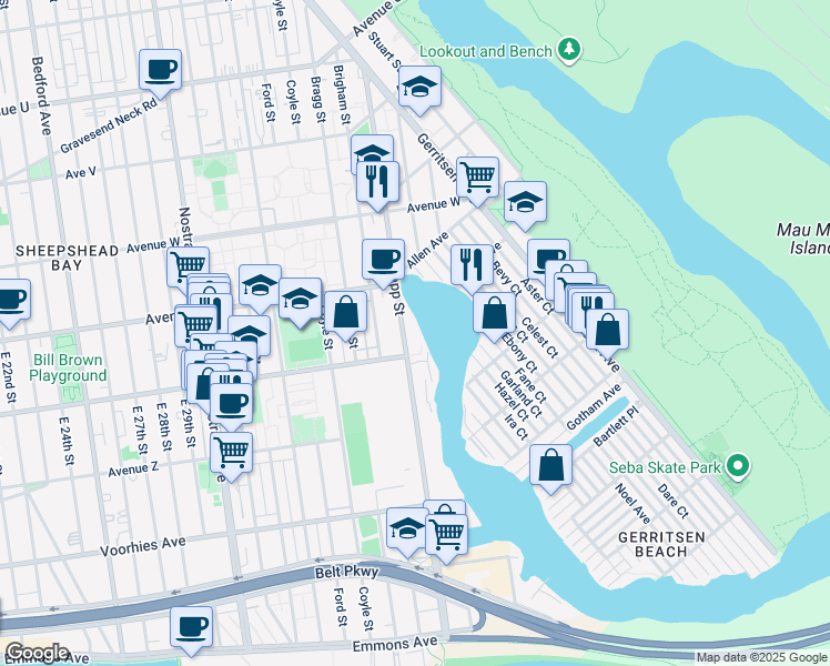 map of restaurants, bars, coffee shops, grocery stores, and more near 2481 Knapp Street in Brooklyn