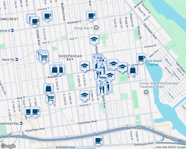 map of restaurants, bars, coffee shops, grocery stores, and more near 2420 East 28th Street in Brooklyn
