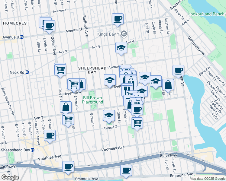 map of restaurants, bars, coffee shops, grocery stores, and more near 2420 East 28th Street in Brooklyn