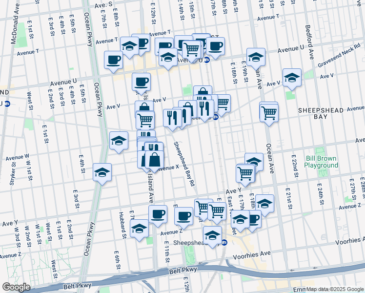 map of restaurants, bars, coffee shops, grocery stores, and more near 2340 East 13th Street in Brooklyn