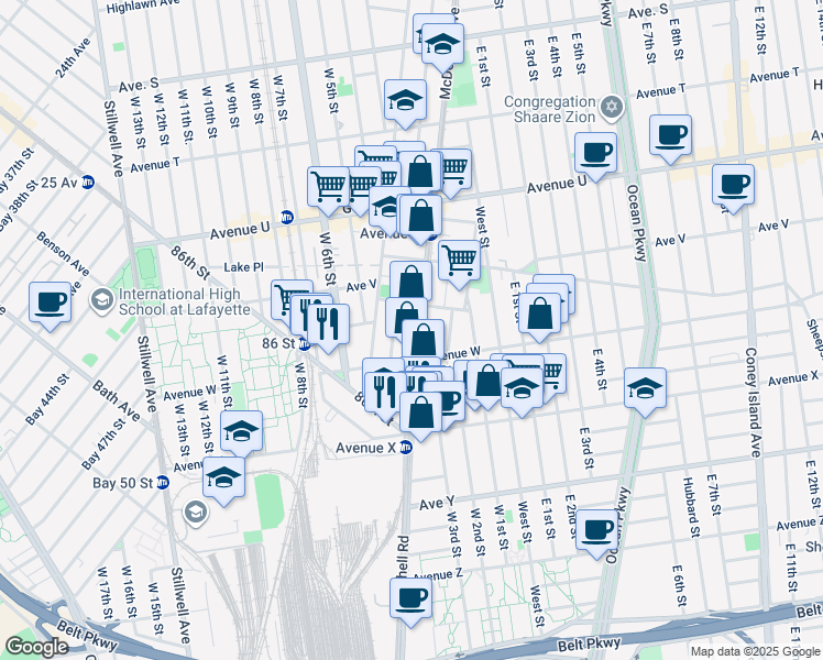 map of restaurants, bars, coffee shops, grocery stores, and more near 2416 McDonald Avenue in Brooklyn