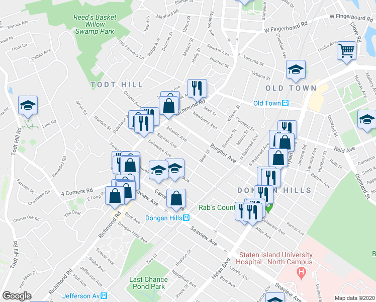 map of restaurants, bars, coffee shops, grocery stores, and more near 111 Raritan Avenue in Staten Island