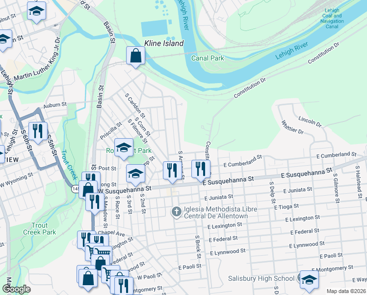 map of restaurants, bars, coffee shops, grocery stores, and more near 45 East Wyoming Street in Allentown