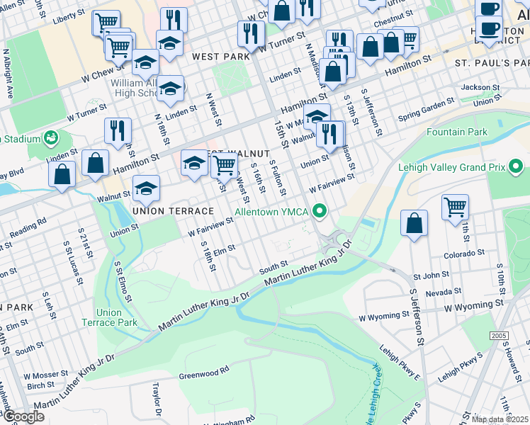 map of restaurants, bars, coffee shops, grocery stores, and more near 301 South West Street in Allentown