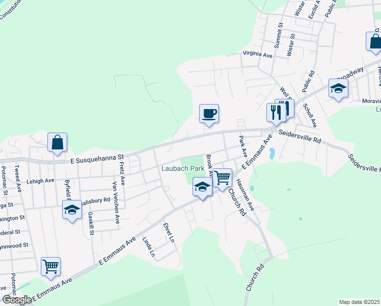 map of restaurants, bars, coffee shops, grocery stores, and more near 1617 Lehigh Avenue in Allentown
