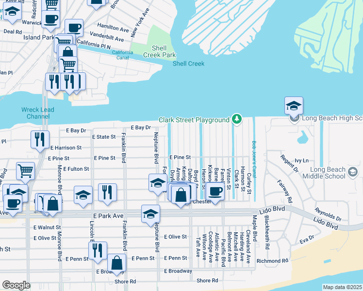 map of restaurants, bars, coffee shops, grocery stores, and more near 61 Dalton Street in Long Beach