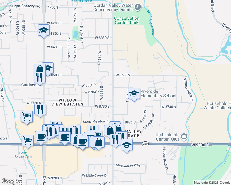 map of restaurants, bars, coffee shops, grocery stores, and more near 8701 South Temple Drive in South Jordan