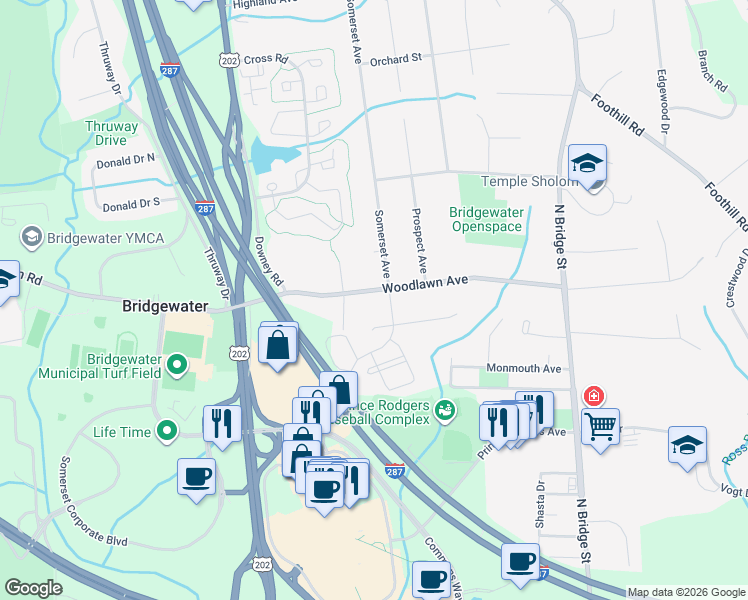 map of restaurants, bars, coffee shops, grocery stores, and more near 93 Woodlawn Avenue in Bridgewater Township