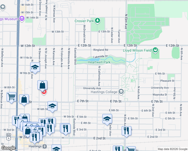 map of restaurants, bars, coffee shops, grocery stores, and more near 201-299 Pleasant Street in Hastings
