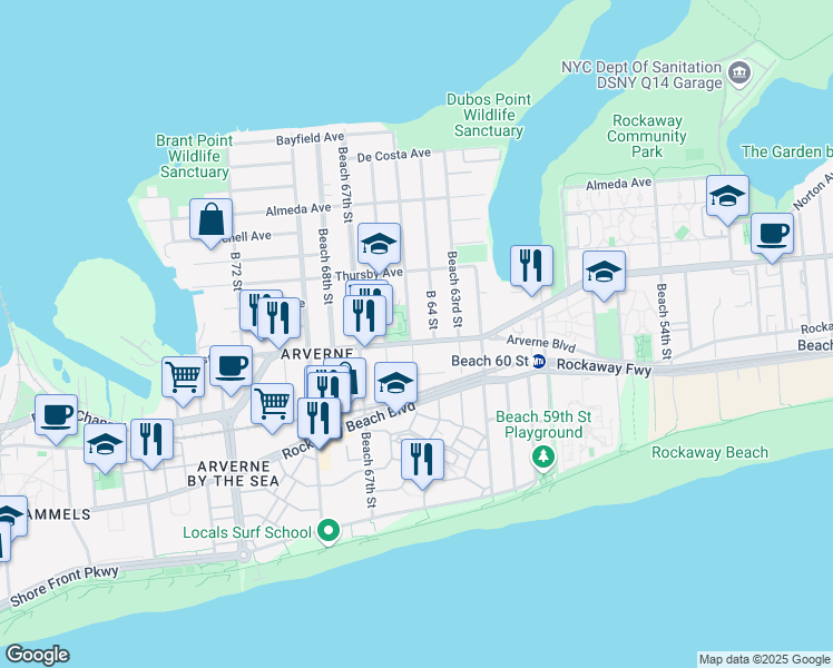 map of restaurants, bars, coffee shops, grocery stores, and more near 64-18 Beach Channel Drive in Queens