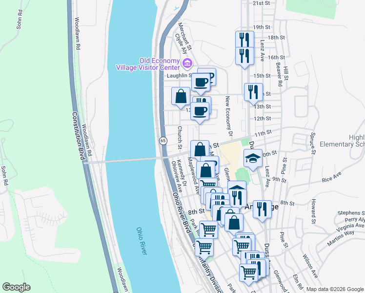 map of restaurants, bars, coffee shops, grocery stores, and more near 1118 Church Street in Ambridge