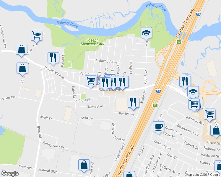 map of restaurants, bars, coffee shops, grocery stores, and more near 121 Hermann Street in Carteret