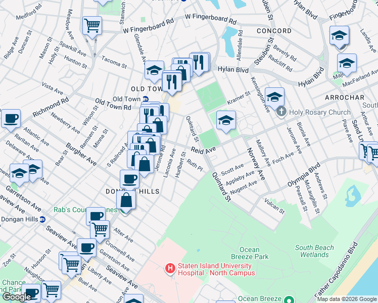 map of restaurants, bars, coffee shops, grocery stores, and more near 168 Hurlbert Street in Staten Island
