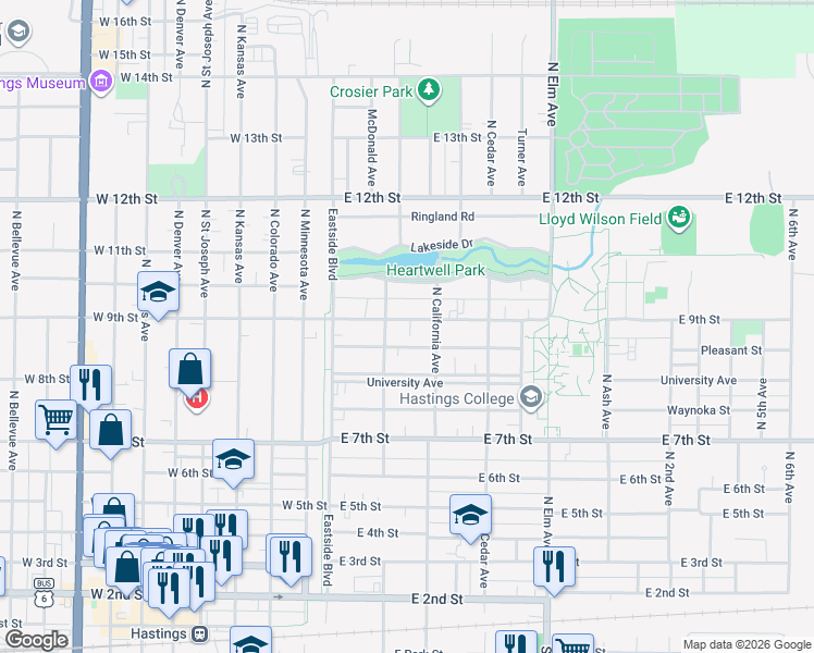 map of restaurants, bars, coffee shops, grocery stores, and more near 201-299 Pleasant Street in Hastings