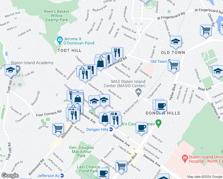 map of restaurants, bars, coffee shops, grocery stores, and more near 99 Raritan Avenue in Staten Island