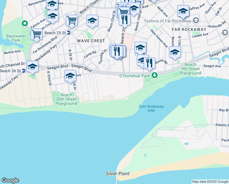 map of restaurants, bars, coffee shops, grocery stores, and more near 20-33 Seagirt Boulevard in Queens