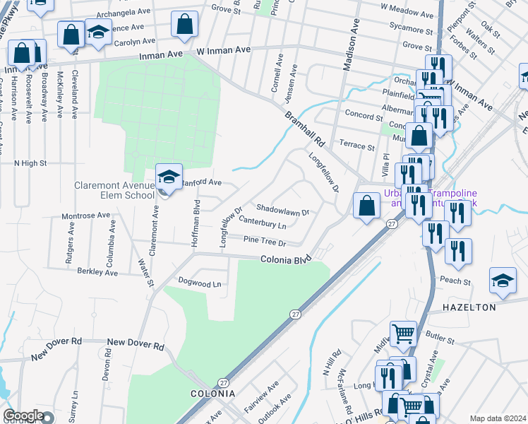 map of restaurants, bars, coffee shops, grocery stores, and more near 9 Shadowlawn Drive in Woodbridge Township