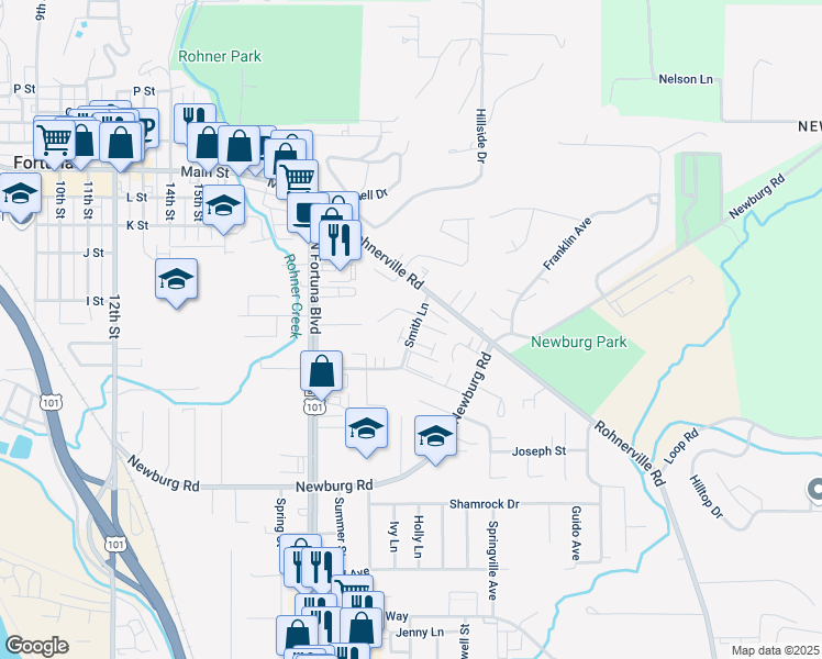 map of restaurants, bars, coffee shops, grocery stores, and more near 3032 Smith Lane in Fortuna