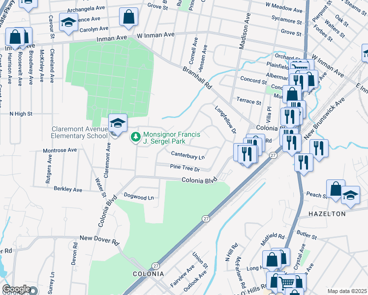 map of restaurants, bars, coffee shops, grocery stores, and more near 9 Shadowlawn Drive in Woodbridge Township