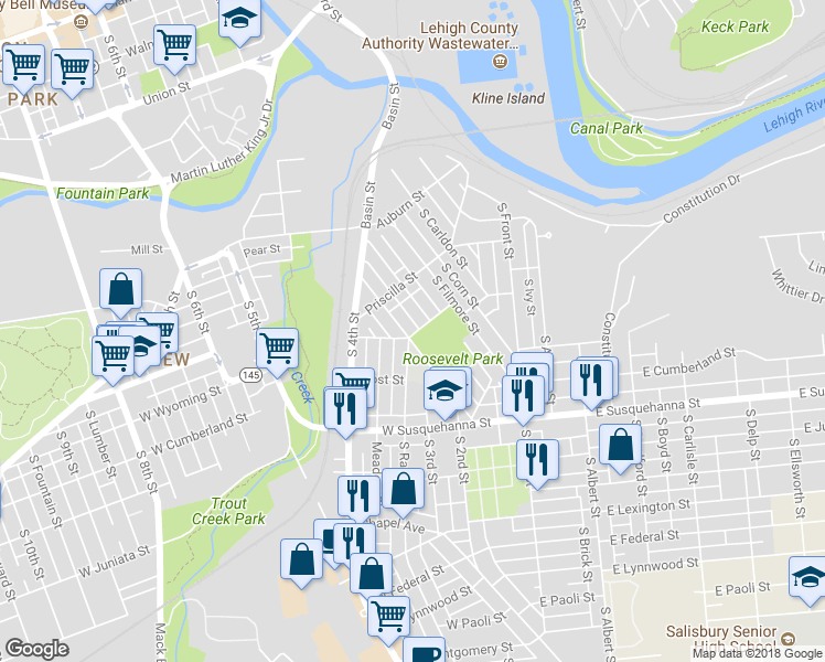 map of restaurants, bars, coffee shops, grocery stores, and more near 747 South Woodward Street in Allentown