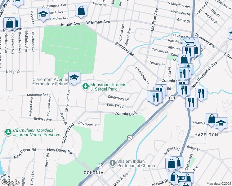 map of restaurants, bars, coffee shops, grocery stores, and more near 9 Shadowlawn Drive in Woodbridge Township