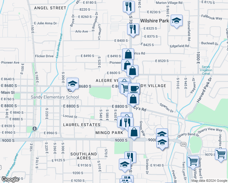 map of restaurants, bars, coffee shops, grocery stores, and more near 612 East 8680 South in Sandy