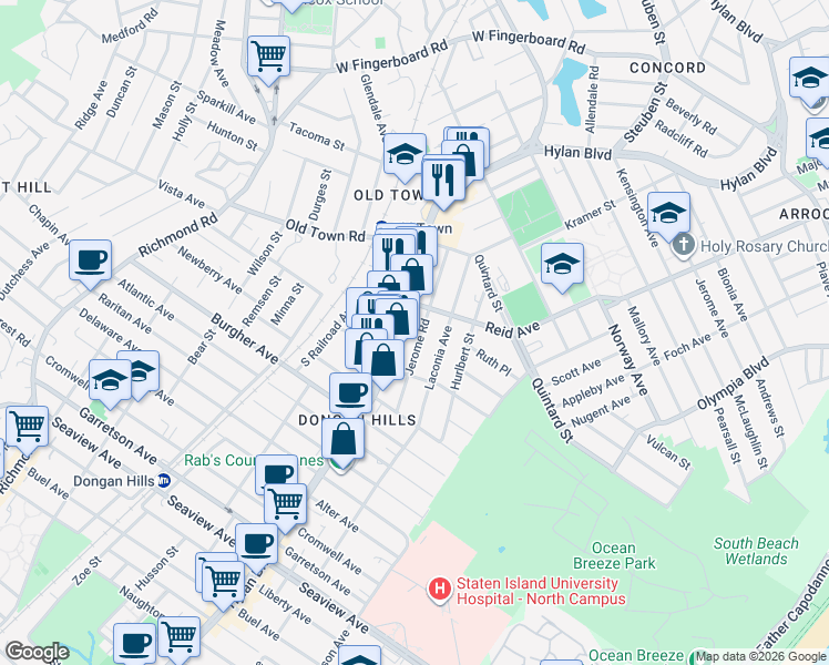 map of restaurants, bars, coffee shops, grocery stores, and more near 109 Jerome Road in Staten Island