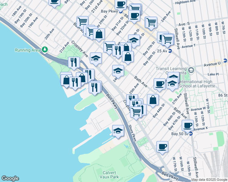 map of restaurants, bars, coffee shops, grocery stores, and more near 275 Bay 37th Street in Brooklyn