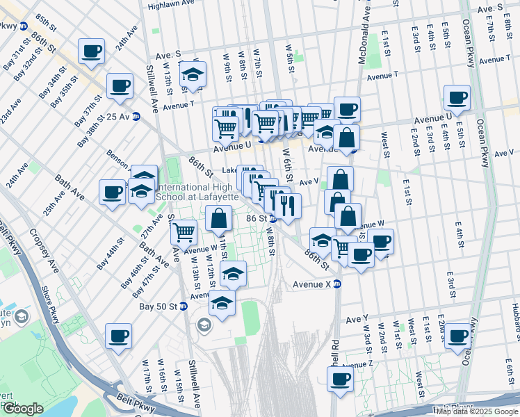map of restaurants, bars, coffee shops, grocery stores, and more near 2811 86th Street in Brooklyn