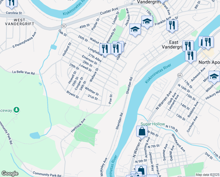 map of restaurants, bars, coffee shops, grocery stores, and more near 114 Holmes Street in Vandergrift