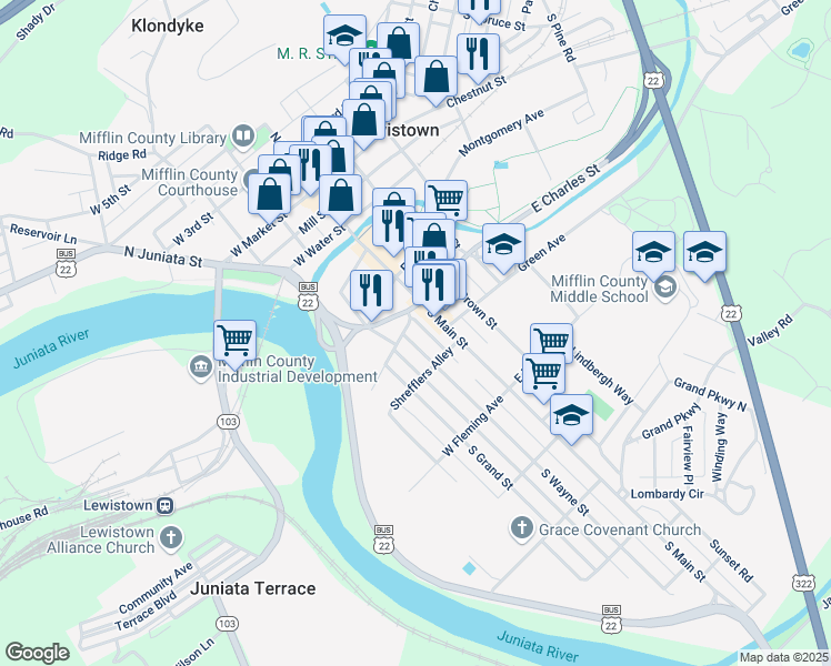 map of restaurants, bars, coffee shops, grocery stores, and more near 313 South Wayne Street in Lewistown