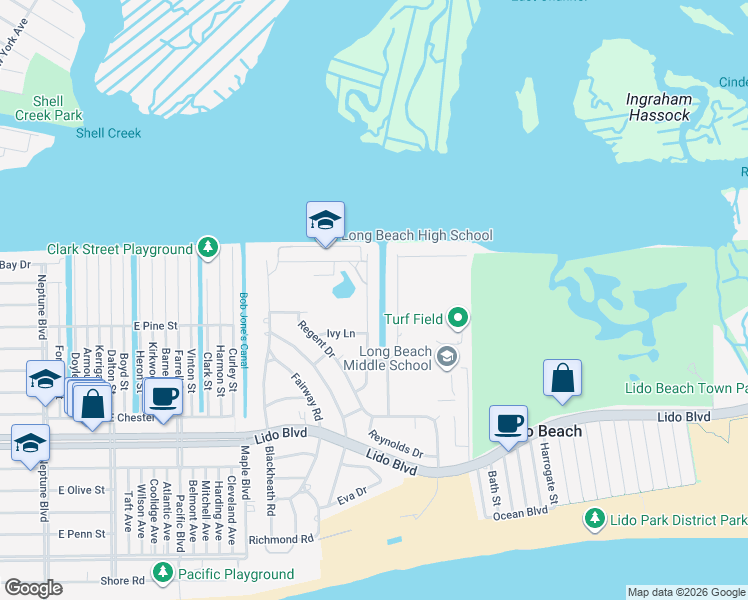 map of restaurants, bars, coffee shops, grocery stores, and more near 270 Lagoon Drive West in Long Beach