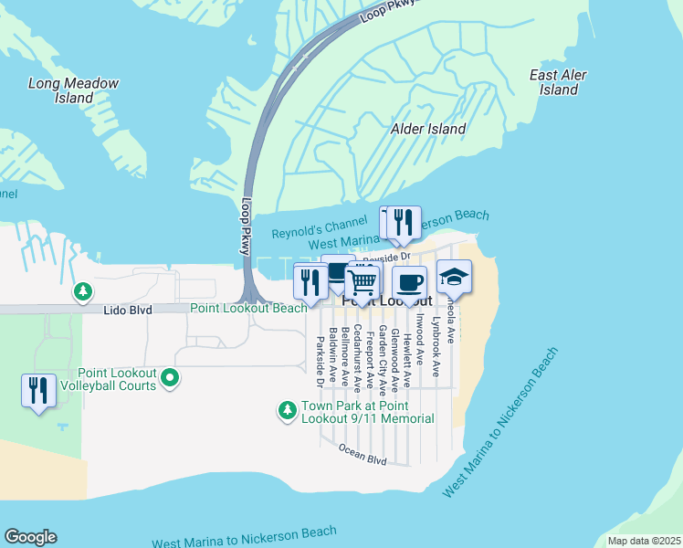 map of restaurants, bars, coffee shops, grocery stores, and more near 12 Bellmore Avenue in Point Lookout
