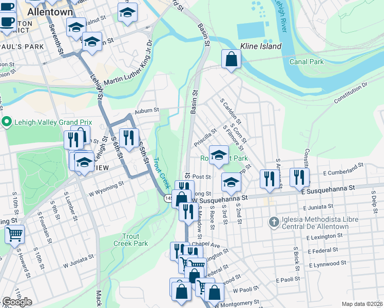 map of restaurants, bars, coffee shops, grocery stores, and more near 904 South Meadow Street in Allentown