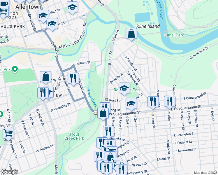 map of restaurants, bars, coffee shops, grocery stores, and more near 835 South 4th Street in Allentown