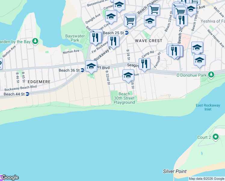 map of restaurants, bars, coffee shops, grocery stores, and more near Surf Road in Queens