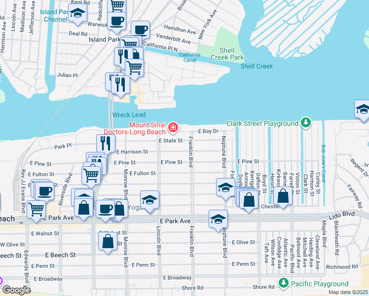 map of restaurants, bars, coffee shops, grocery stores, and more near 474 East Harrison Street in Long Beach