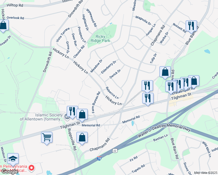 map of restaurants, bars, coffee shops, grocery stores, and more near 911 Rebecca Lane in Lehigh County