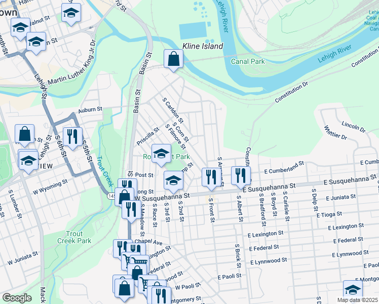 map of restaurants, bars, coffee shops, grocery stores, and more near 823 South Filmore Street in Allentown