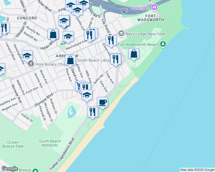 map of restaurants, bars, coffee shops, grocery stores, and more near 26 Seagate Court in Staten Island