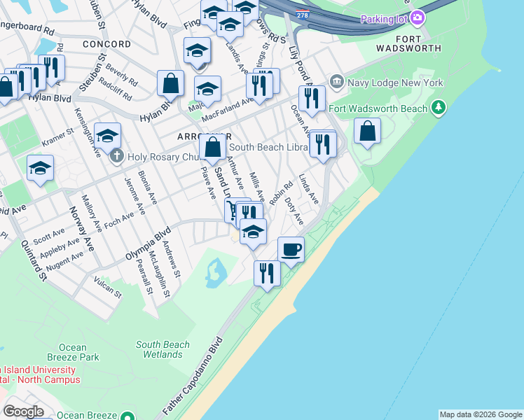 map of restaurants, bars, coffee shops, grocery stores, and more near 165 Arthur Avenue in Staten Island