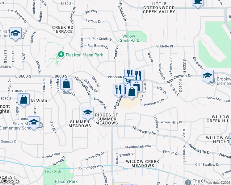 map of restaurants, bars, coffee shops, grocery stores, and more near 8483 South 2020 East in Sandy