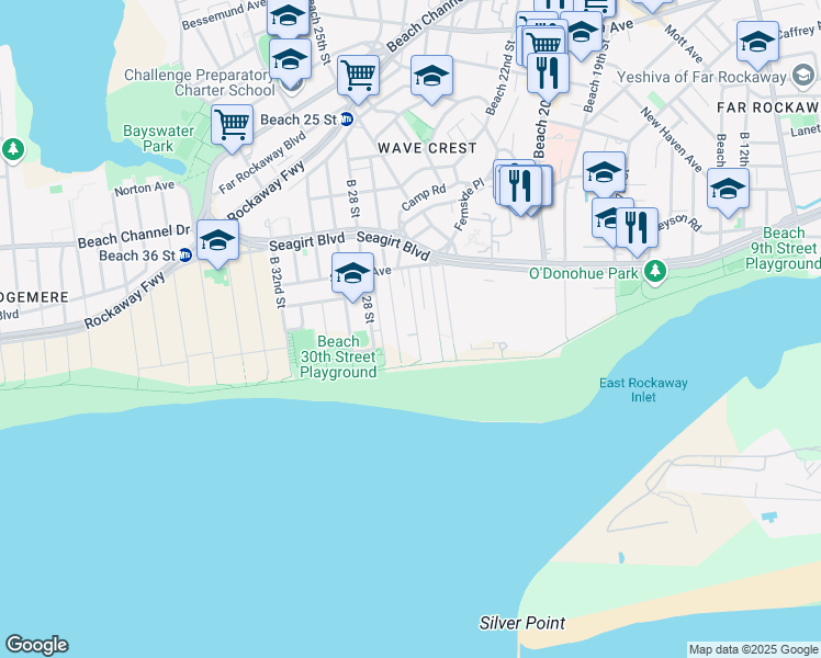 map of restaurants, bars, coffee shops, grocery stores, and more near 139 Beach 26th Street in Queens