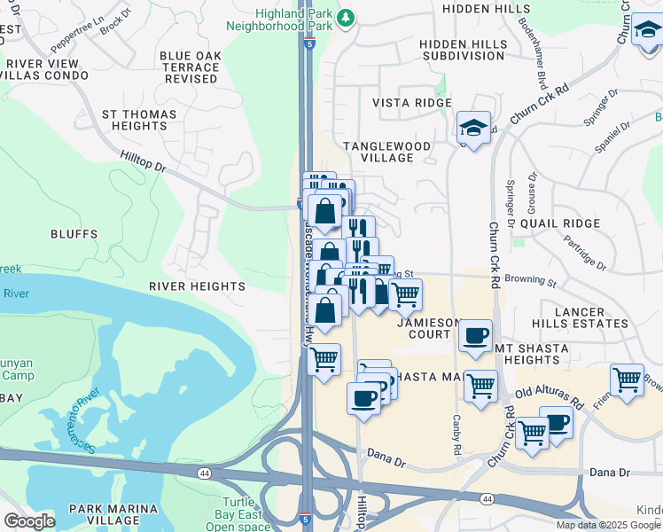 map of restaurants, bars, coffee shops, grocery stores, and more near 710 Browning Street in Redding