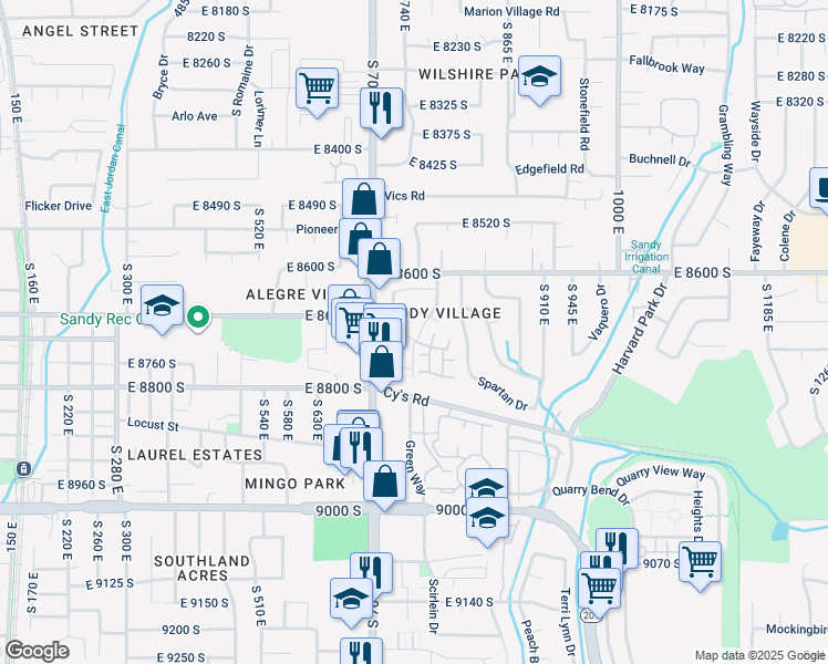 map of restaurants, bars, coffee shops, grocery stores, and more near in Sandy