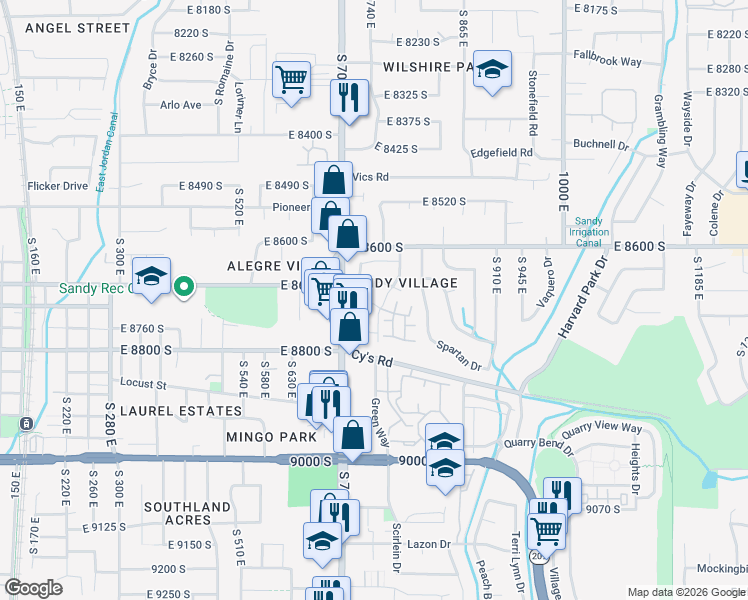 map of restaurants, bars, coffee shops, grocery stores, and more near 8725 South 700 East in Sandy