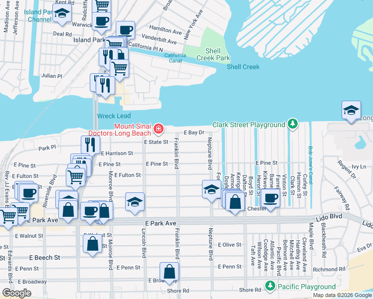 map of restaurants, bars, coffee shops, grocery stores, and more near 532 East Harrison Street in Long Beach
