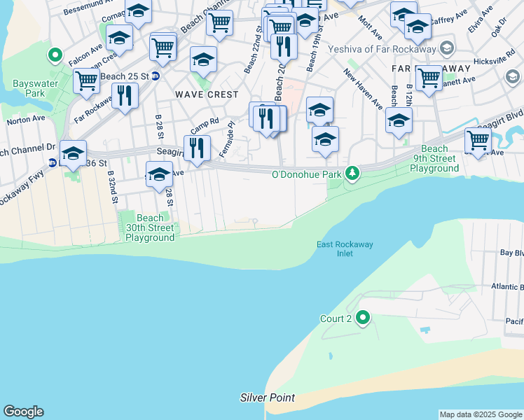 map of restaurants, bars, coffee shops, grocery stores, and more near 20-33 Seagirt Boulevard in Queens